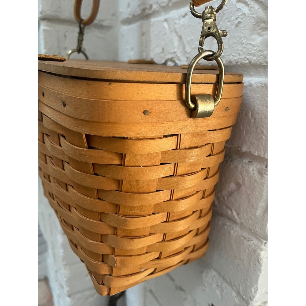 Longaberger 1997 Handwoven Basket Purse Wood Lid Leather Strap Crossbody Bag - Picture 2 of 11